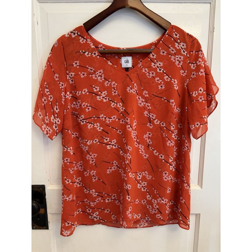 Cabi Chiffon Cherry Blossom Orange Red Floral Split Short Sleeve Top New M $82